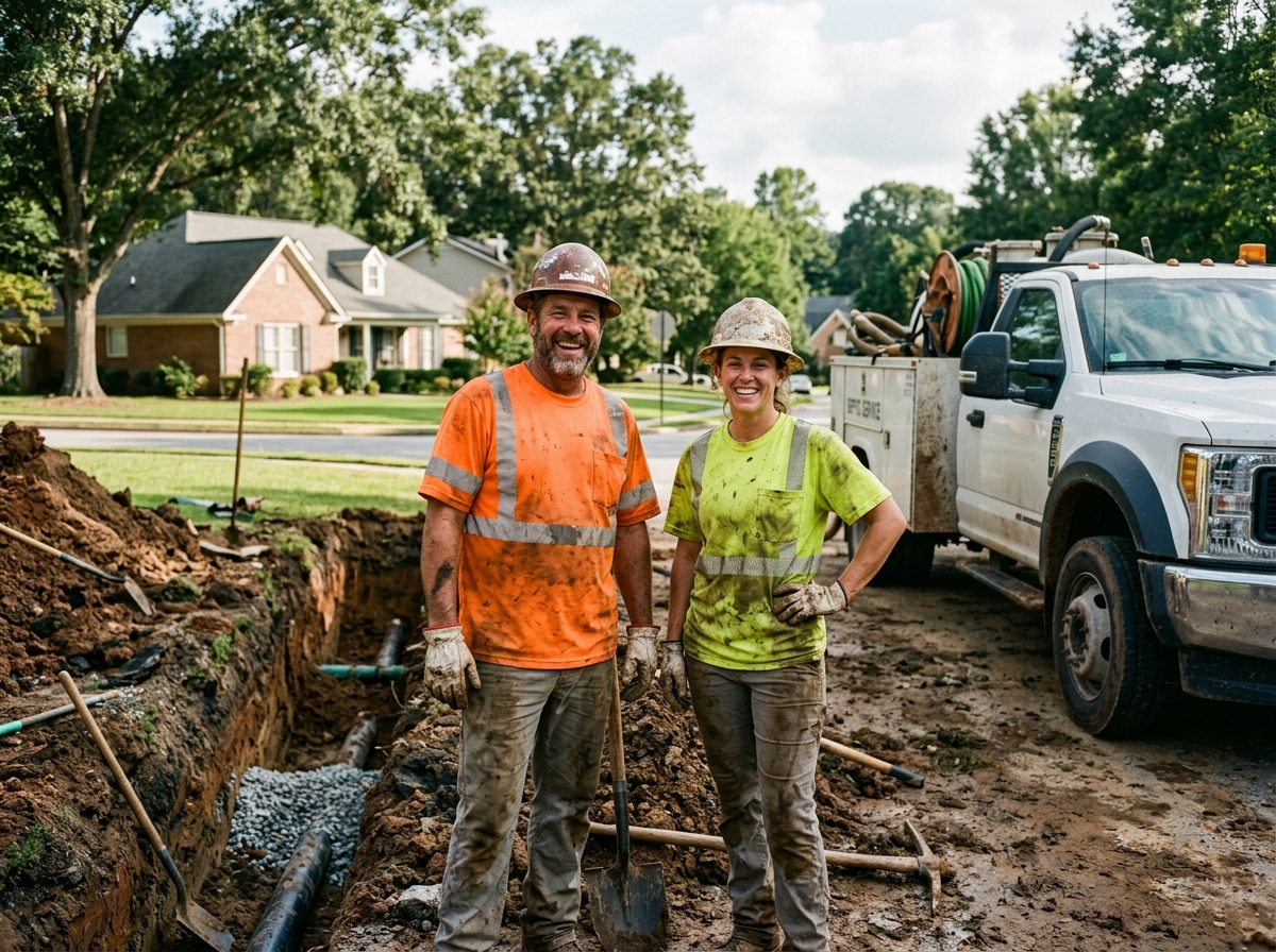 A TrueGrade crew beside an open trench and work truck in a Metro Atlanta yard